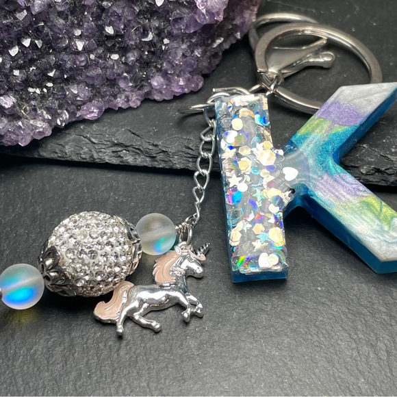 Custom Made Colorful Unicorn Keychain with Glitter Letter K - Picture 11 of 11